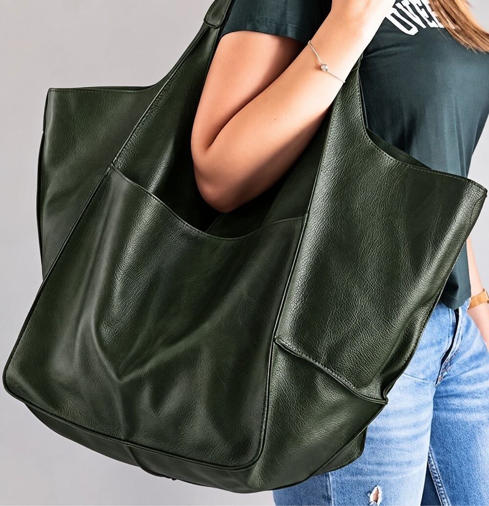 Italian Luxury Boutique Vegan Leather Tote Shoulder Bag Forest Green NWOT - Picture 6 of 7